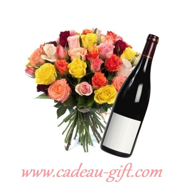 bouquet de fleurs et vin en livraison à domicile