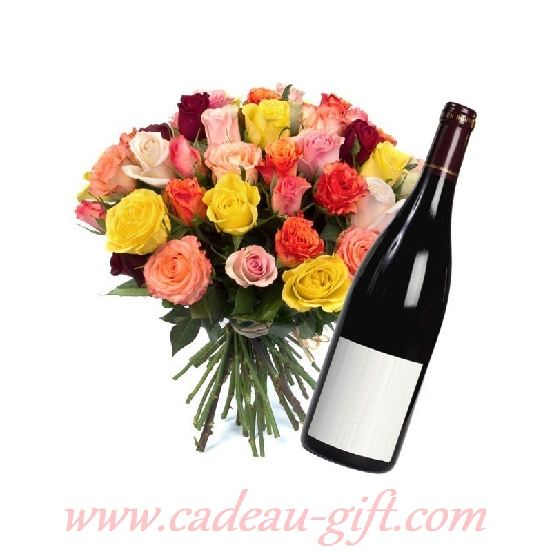 Coffret bouquet de fleurs et bouteille de vin en livraison Antananarivo