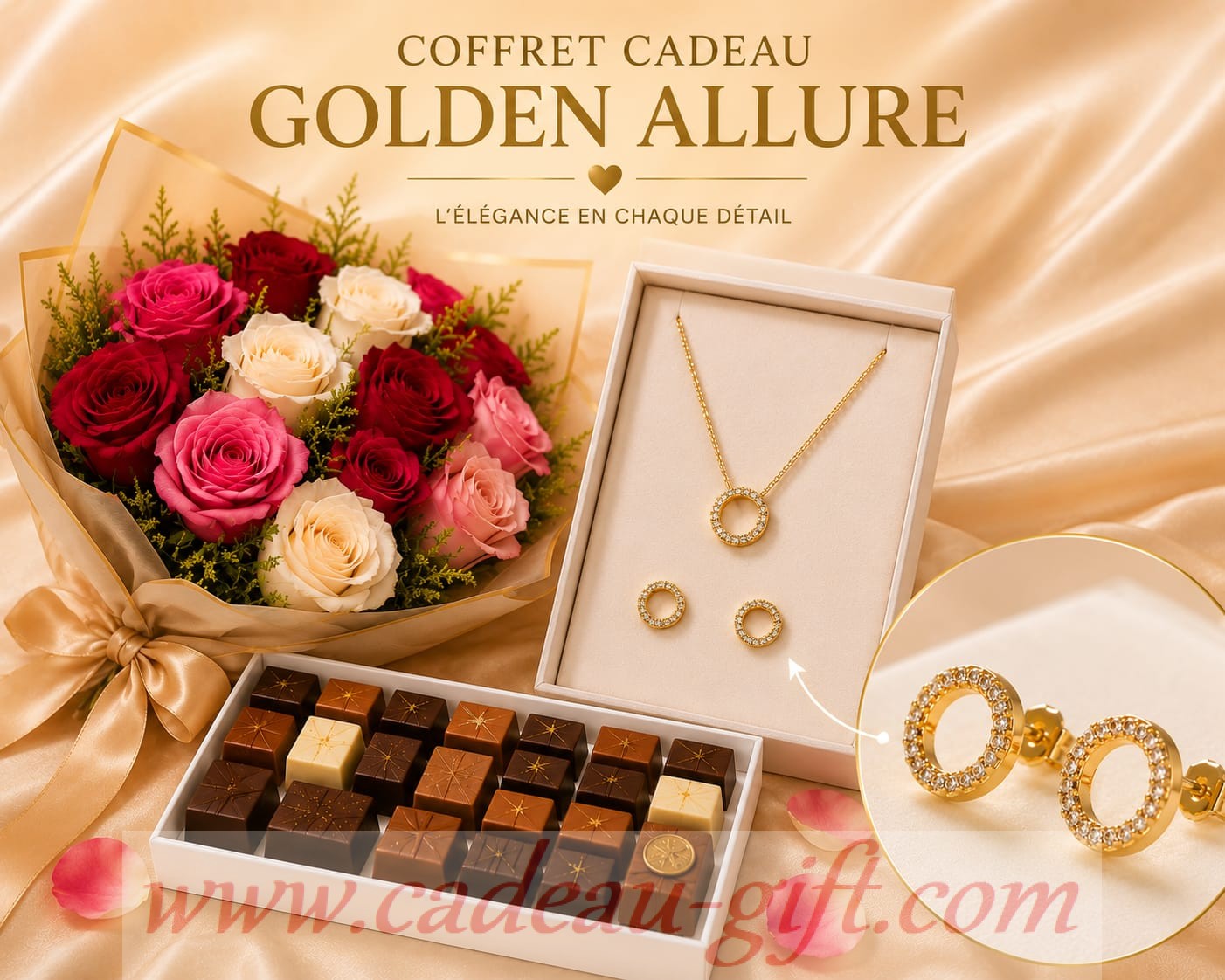 COFFRET GOLDEN ALLURE AVEC CHOCOLAT ZOOM SUR LES BIJOUX Coffret cadeau livraison rapide Madagascar 24 heures VERGOLDET HALSKETTE